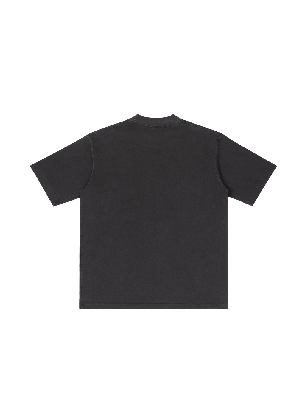 Unisex vintage wash drop shoulder t-shirt in Black, back view on white. Marcel Afters