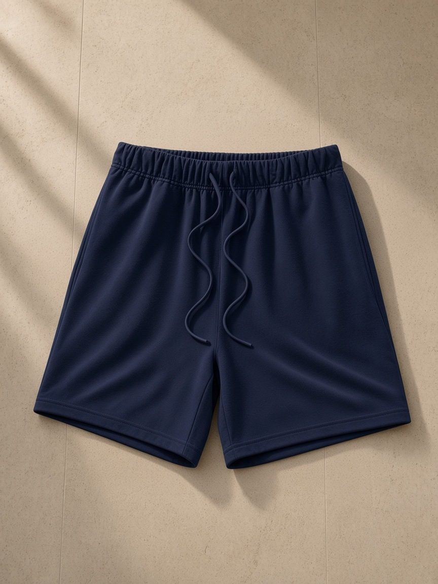 Earth Tone Loose Fit Cotton Shorts in Navy, laid flat on pale limestone
