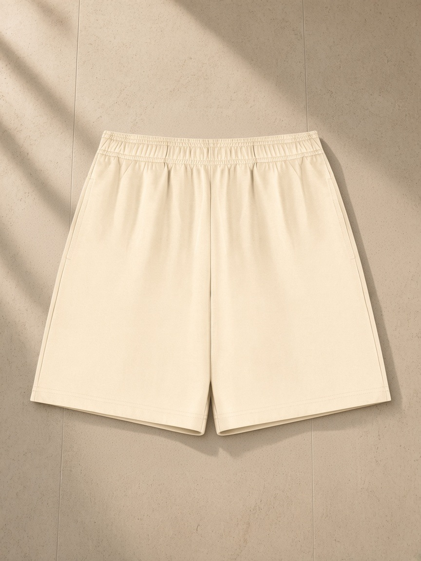 Cotton Shorts in Apricot, laid flat on pale limestone