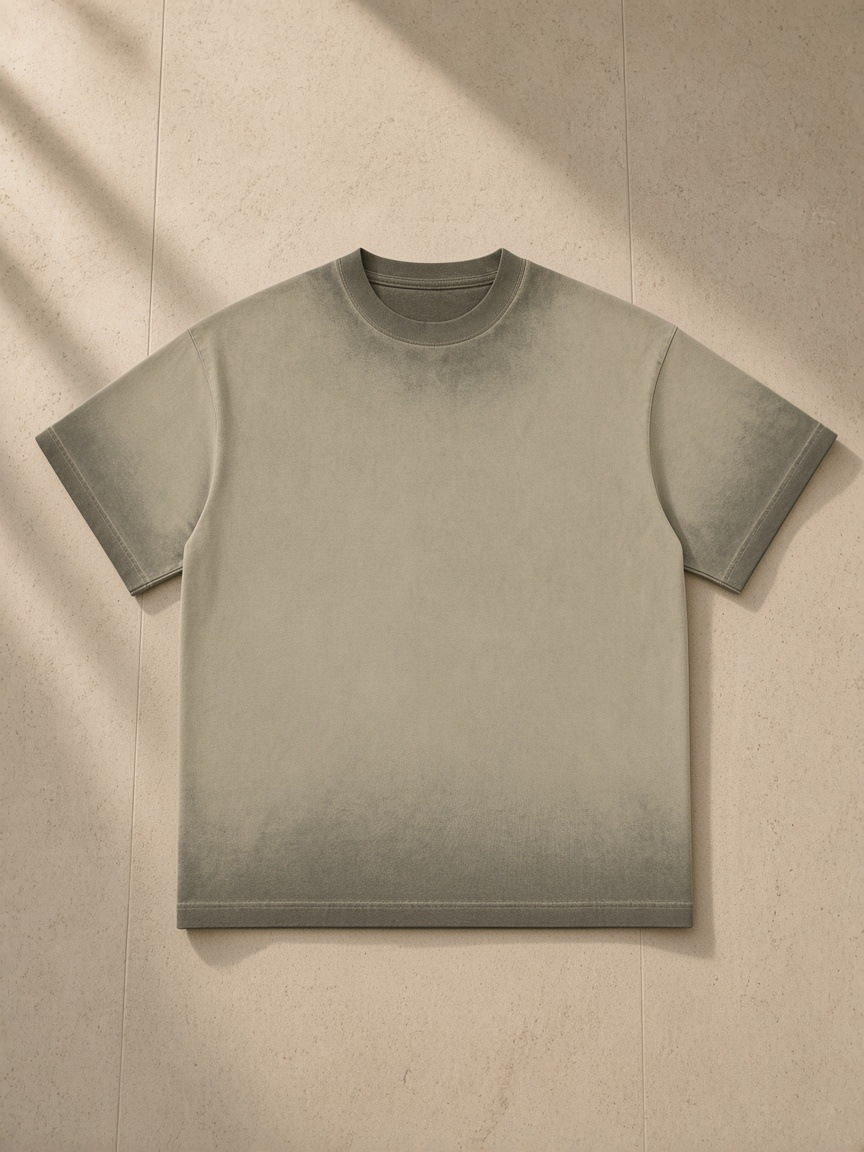 Reverse dyed loose cotton t-shirt in Green, laid flat on pale limestone