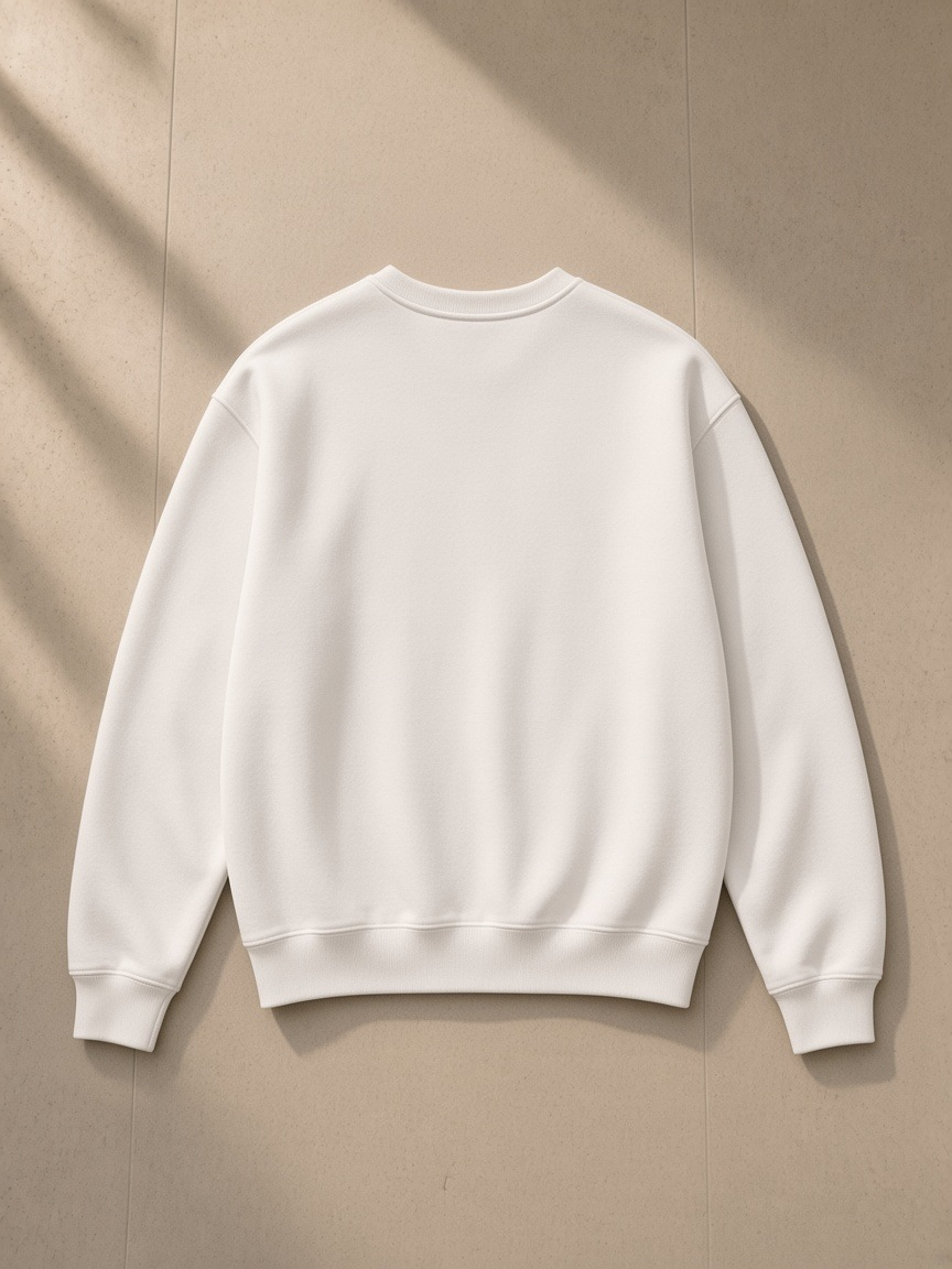 Fleeced sweatshirt in White, laid flat on pale limestone, back view