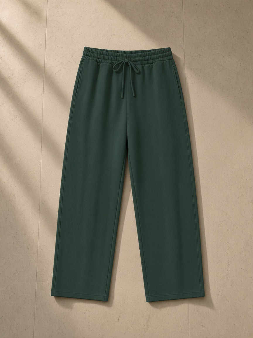 Unisex straight-leg sweatpants in Blackish Green folded on an upholstered bench in a Carlyle-style hotel suite at night