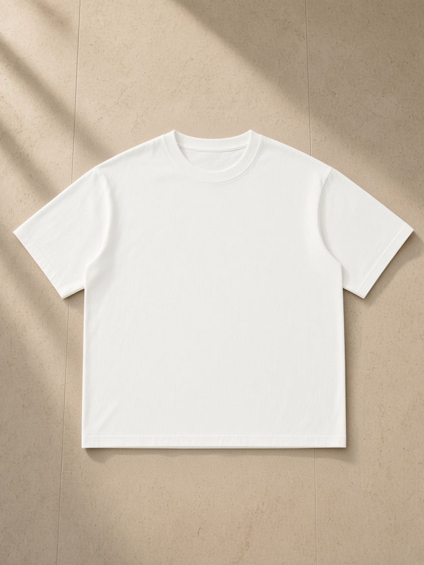 Unisex mineral wash boxy cotton t-shirt in White, laid flat on pale limestone