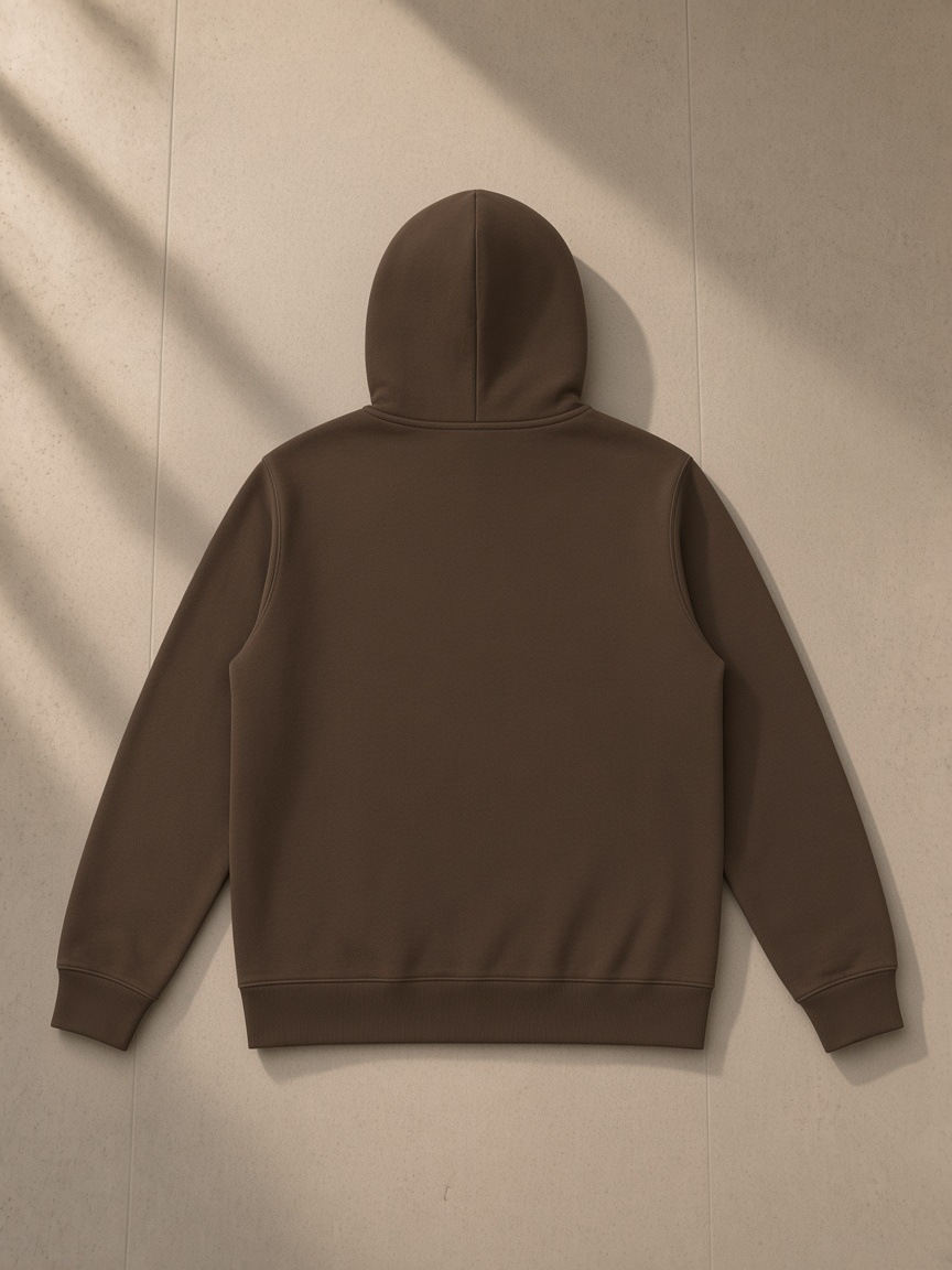Essential oversized hoodie in Coffee, laid flat on pale limestone, back view