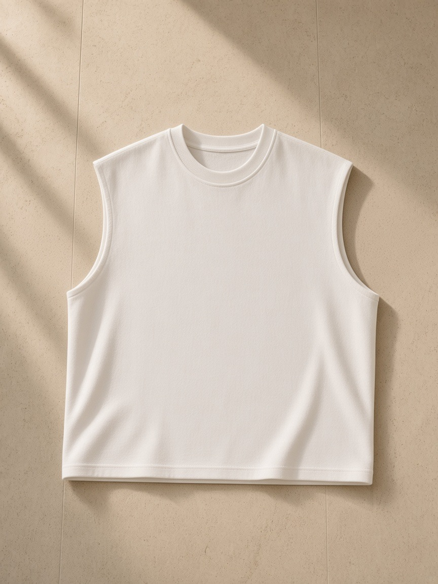 Women's French Terry Boxy Tank Top in White, laid flat on pale limestone