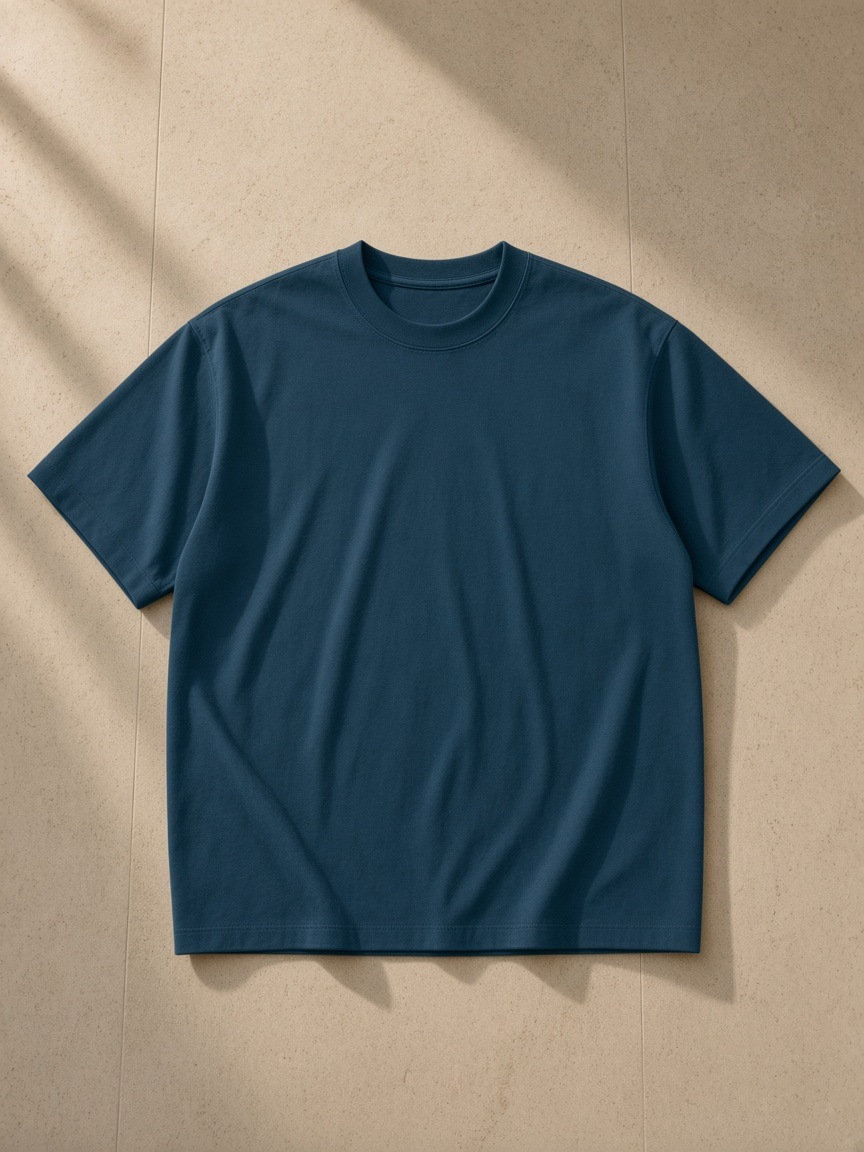 Loose fit crewneck t-shirt in Haze Blue, laid flat on pale limestone