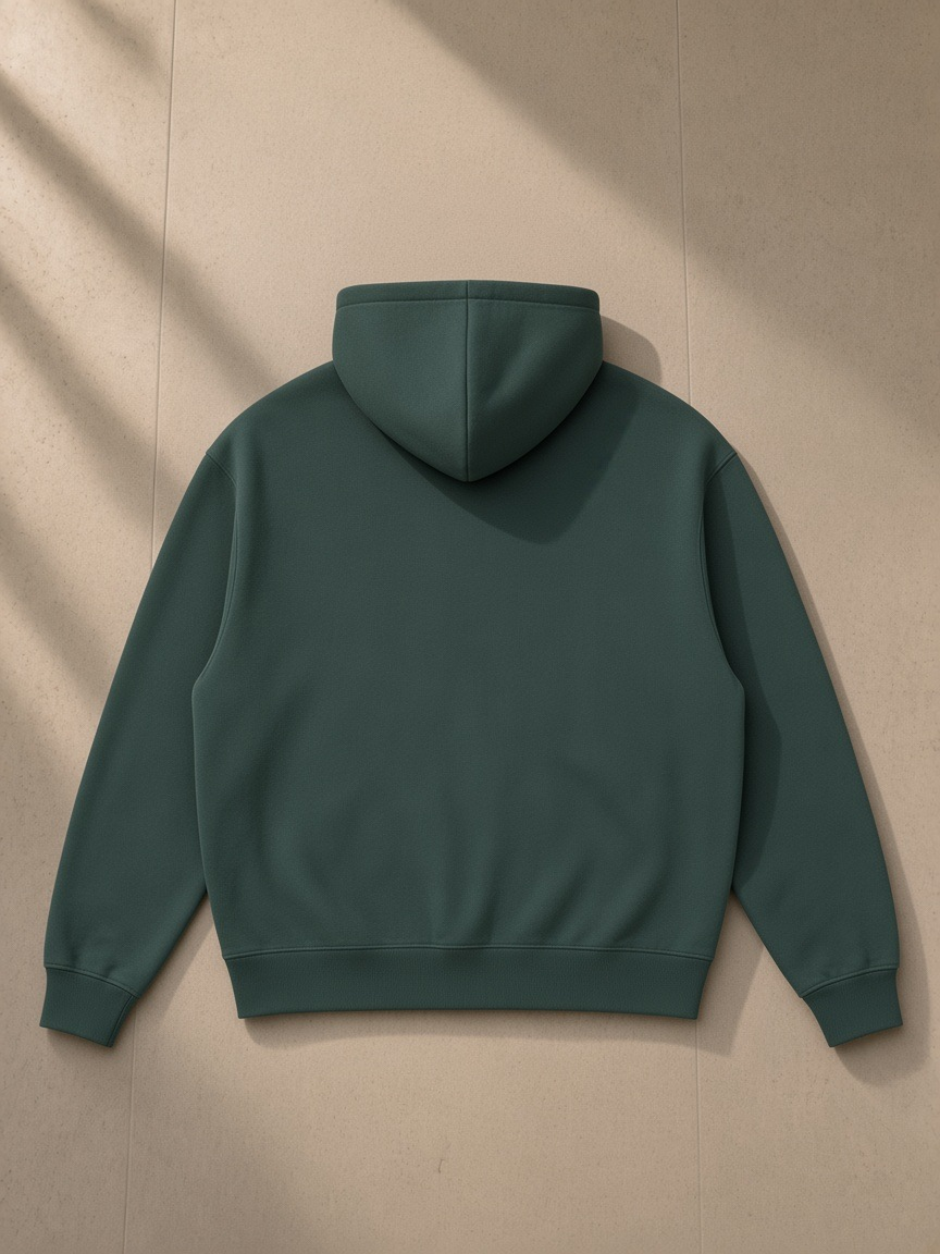 Oversized boxy fit fleece hoodie in Dark Green, laid flat on pale limestone, back view