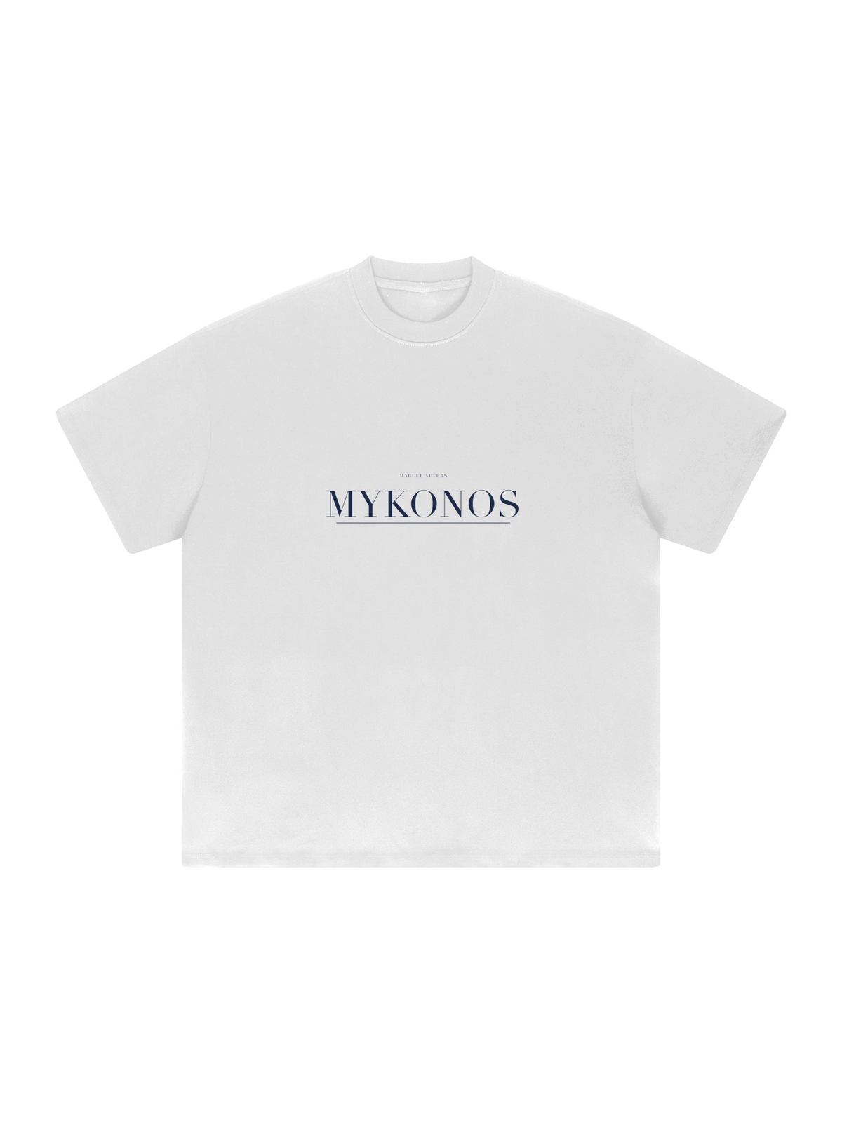 Mykonos Heavyweight Drop Shoulder T-Shirt by Marcel Afters in White, front view with the printed artwork, on white