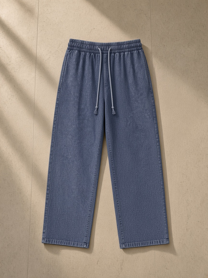 Snow Washed Straight Leg Pants in Blue, laid flat on pale limestone, front view