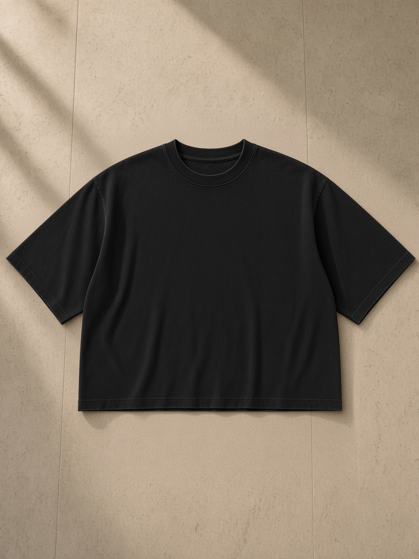 Unisex mineral wash raw hem boxy t-shirt in Black, laid flat on pale limestone