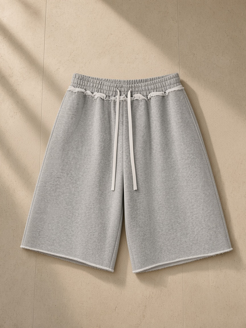 Heavyweight Raw Edge Shorts in Flower Gray and Apricot, laid flat on pale limestone
