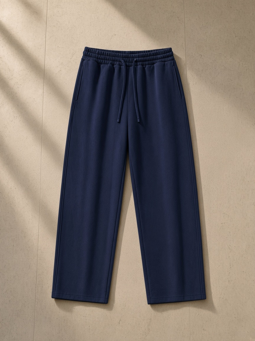 Unisex straight-leg sweatpants in Navy Blue laid over a marble vanity stool in a Mayfair mews house at night