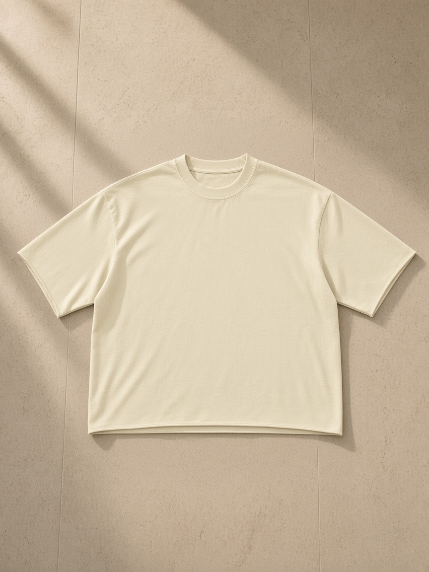 Unisex French terry raw edge t-shirt in Apricot, laid flat on pale limestone