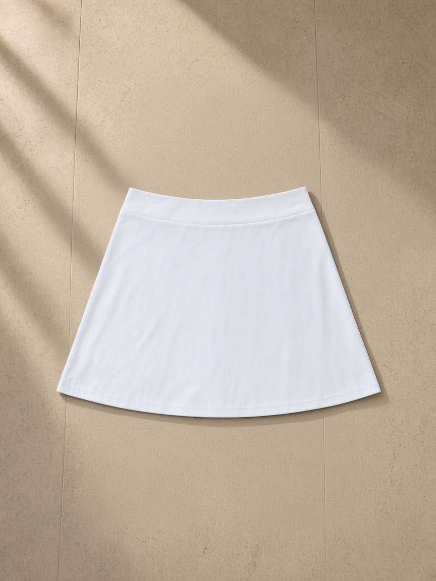 High-Waist Pocketed A-Line Skirt in White, laid flat on pale limestone, back view