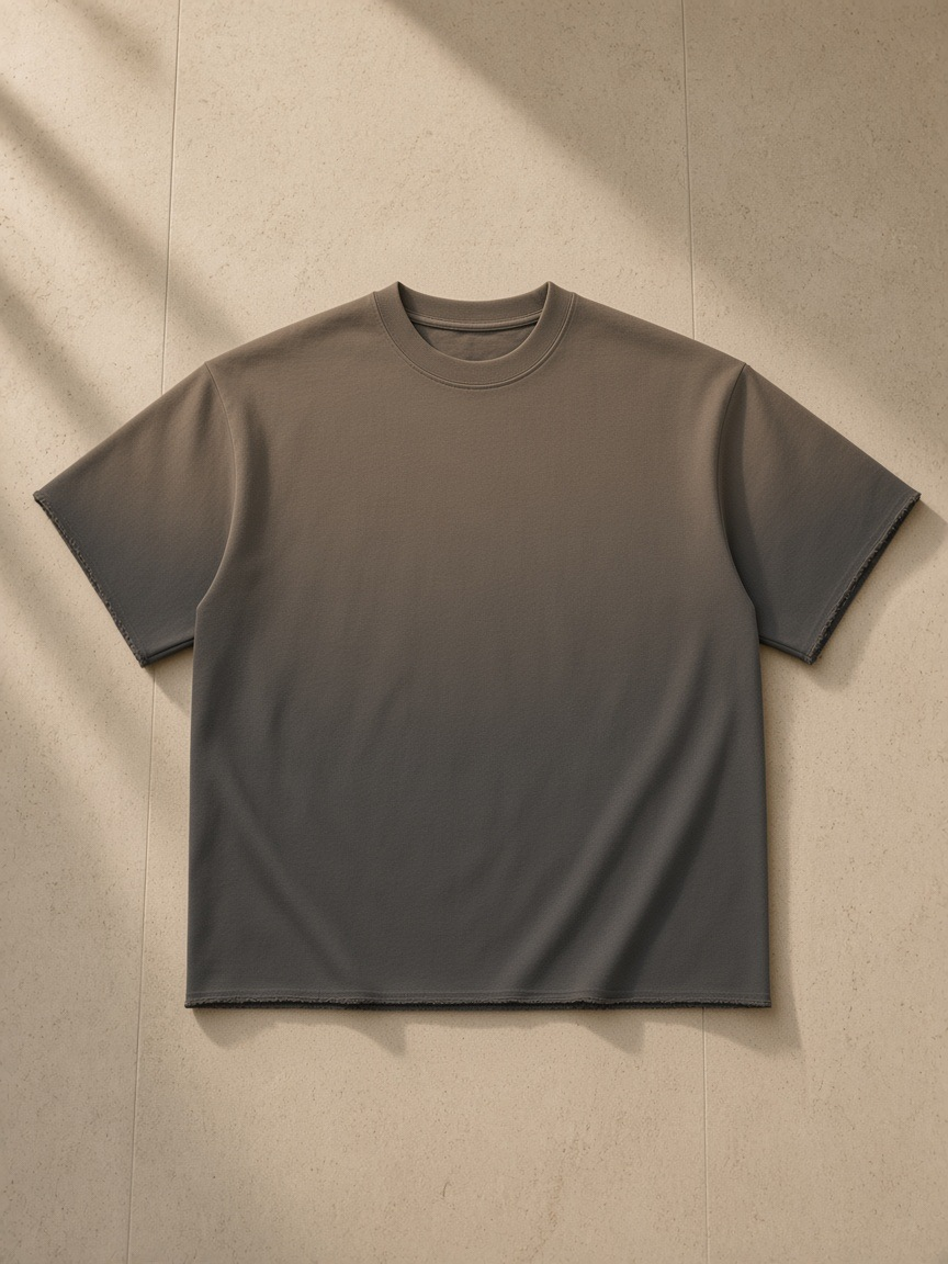 Women's sun fade raw edge t-shirt in Dark Gray, laid flat on pale limestone