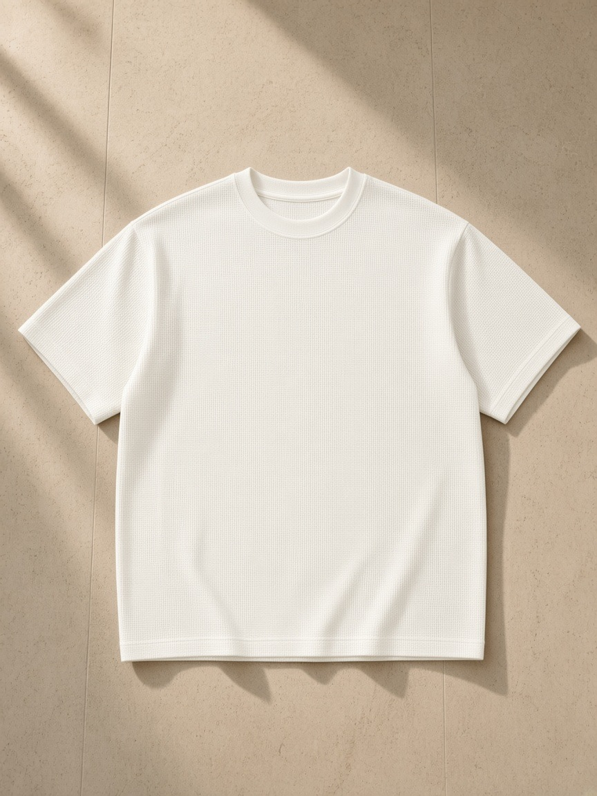 Unisex textured waffle washed boxy t-shirt in White, laid flat on pale limestone