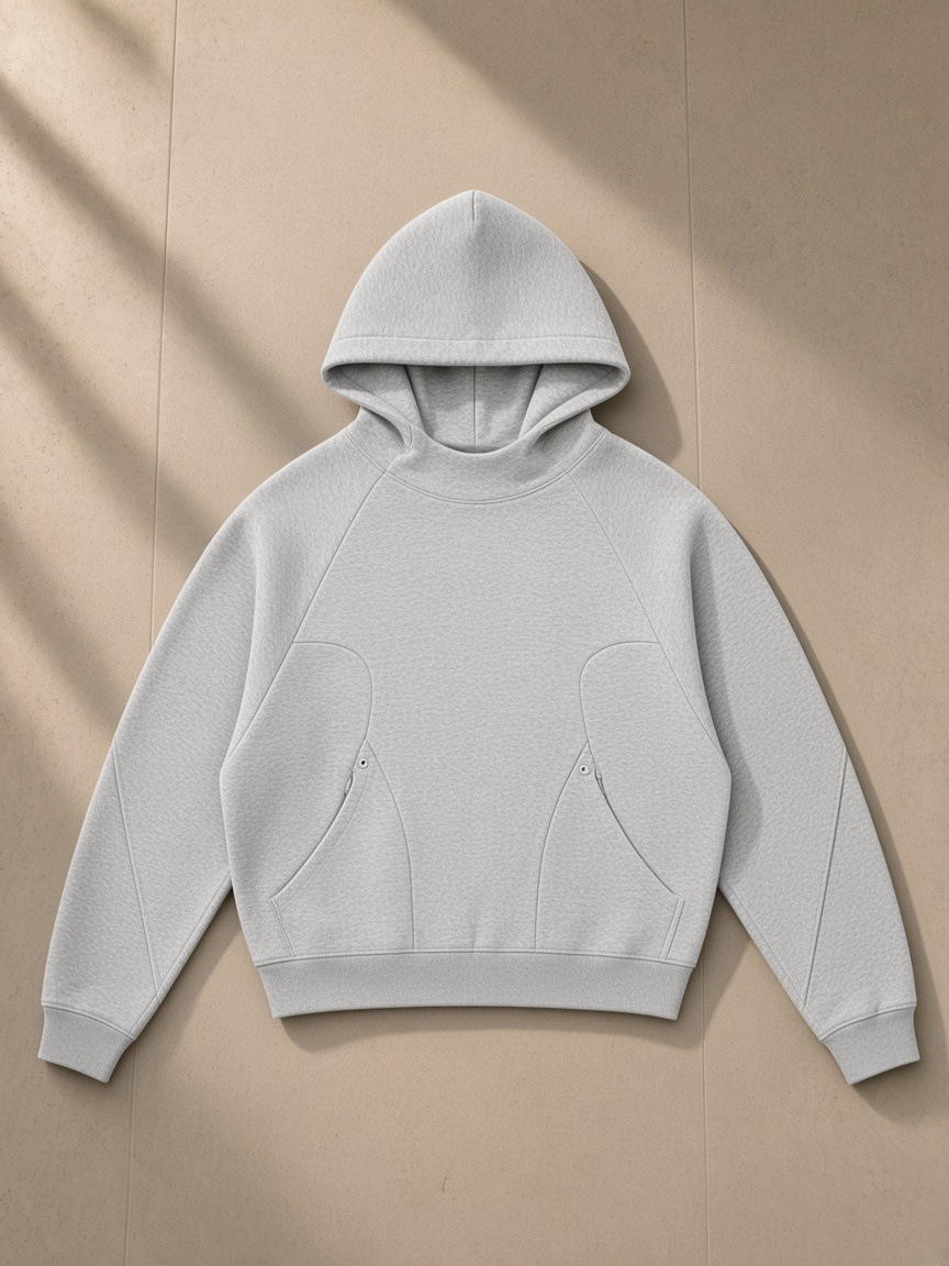 Curved panel raglan hoodie in Flower Gray, laid flat on pale limestone