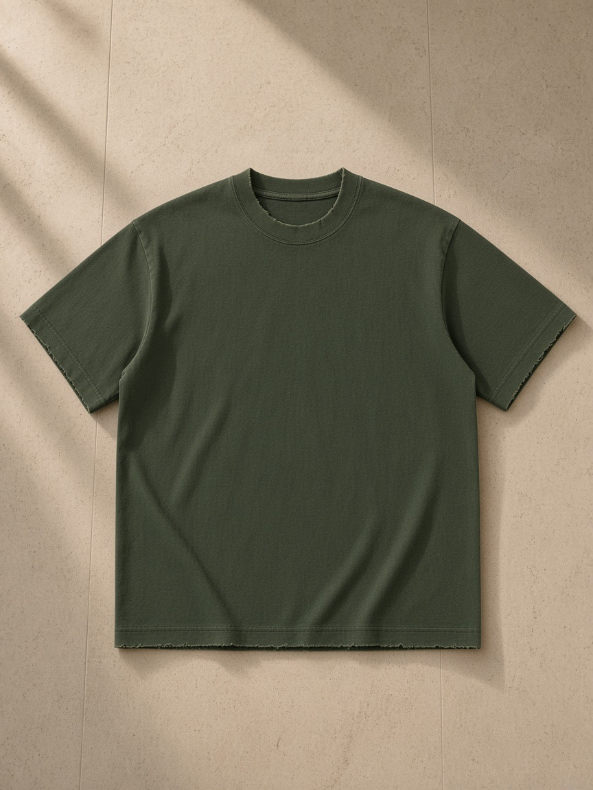Men's heavyweight vintage washed frayed t-shirt in Army Green, laid flat on pale limestone