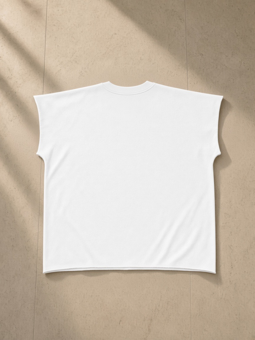 Raw Edge Boxy Non-Shrink T-Shirt in White, laid flat on pale limestone, back.