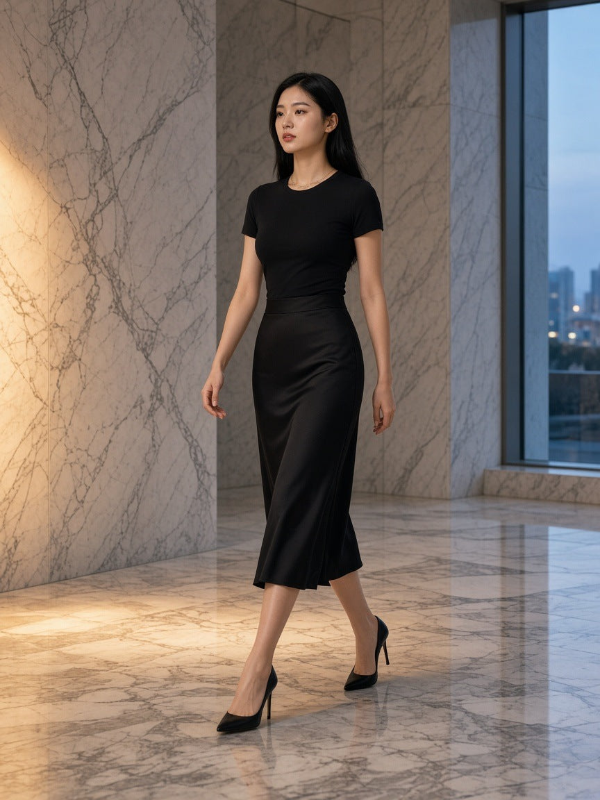 Woman in the Essential Bodycon Crewneck T-Shirt in Black in a marble hotel lobby in Seoul at dawn