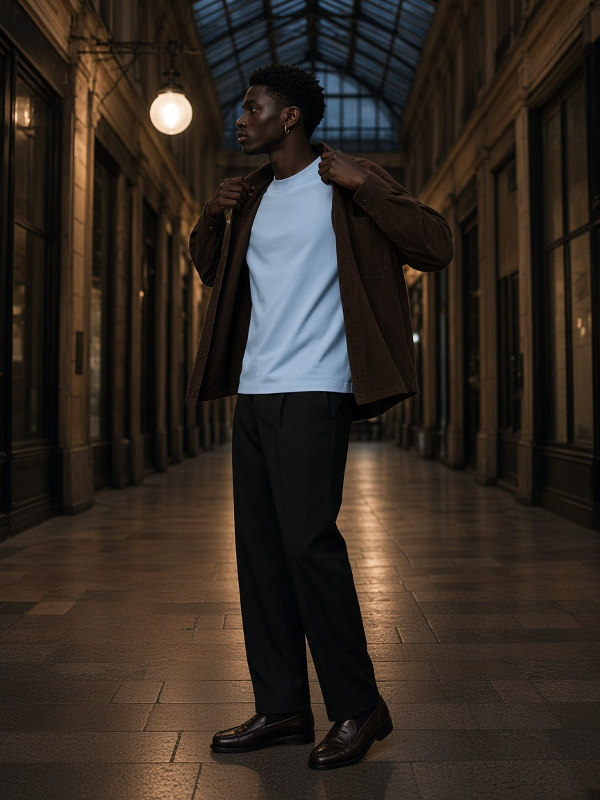 Man in the Essential Cotton Boxy T-Shirt in Sky Blue under an open suede overshirt in a Paris arcade at night