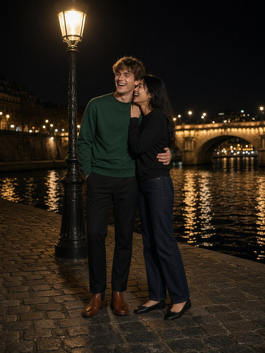 Marcel Afters Essential Cotton Long Sleeve T-Shirt in Green, worn by a man and a woman, embracing under a street lamp beside the Seine at night, he in a green long-sleeve tee and she in black