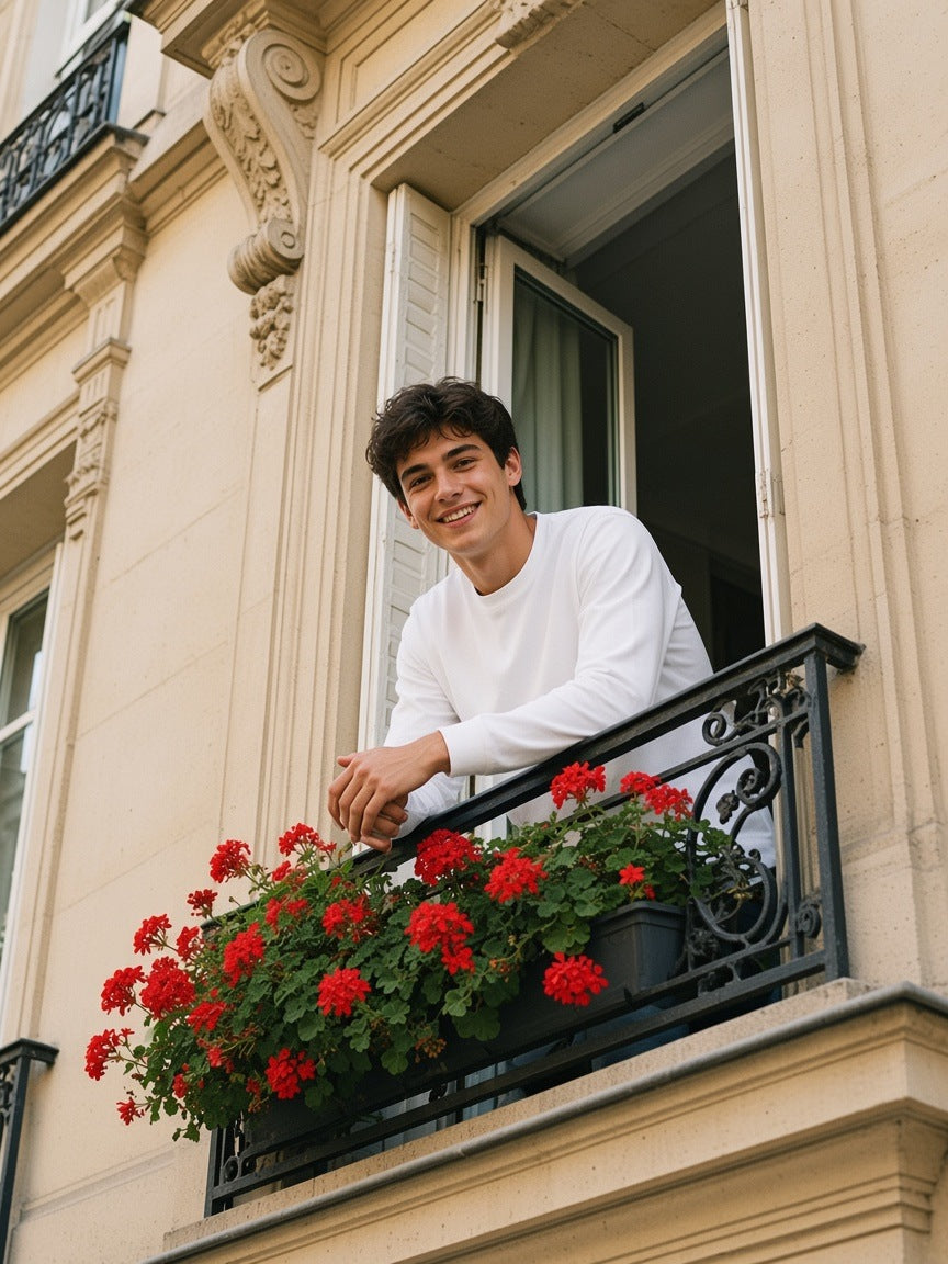 Marcel Afters Essential Cotton Long Sleeve T-Shirt in White, worn by a man, leaning from a Paris balcony above red geraniums in a white long-sleeve tee