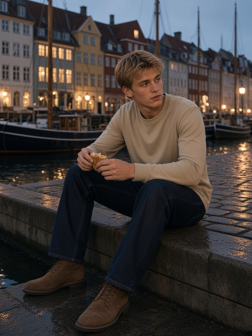 Man in the Essential Cotton Long Sleeve T-Shirt in Khaki with indigo jeans and suede boots, eating a pastry on the harbour quay in Copenhagen at dusk