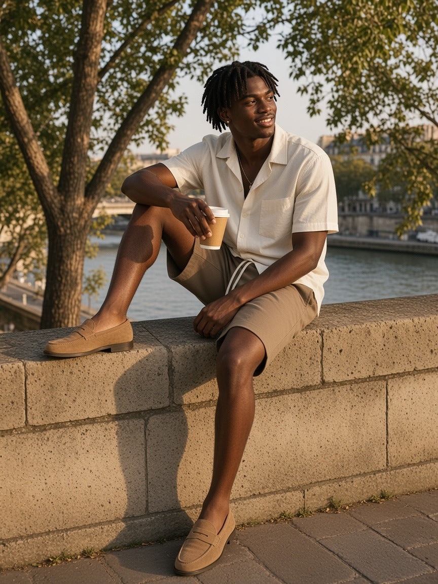 Man in the Essential Cotton Shorts in Coffee with a cream short-sleeve shirt and tan suede loafers, seated on a Seine quay wall at golden hour