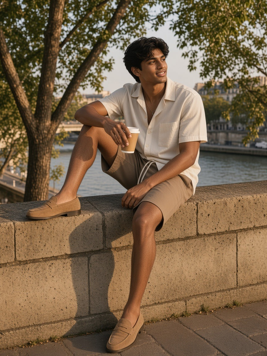Man in Coffee essential cotton shorts and a cream camp collar shirt on a Seine embankment wall at golden hour