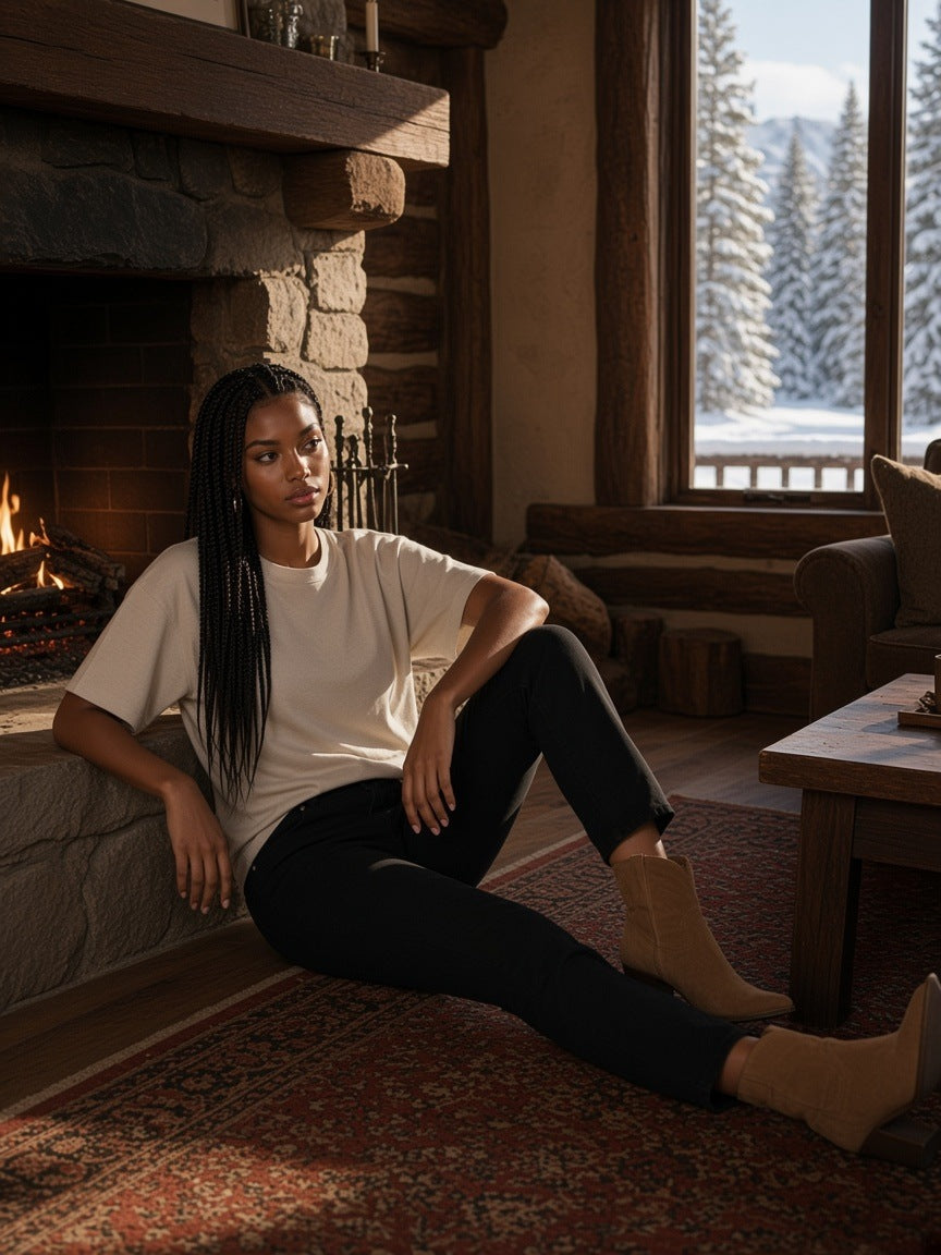 Woman in the Essential Cotton T-Shirt in Oat Gray by the fire in a stone lodge in Wyoming in the morning