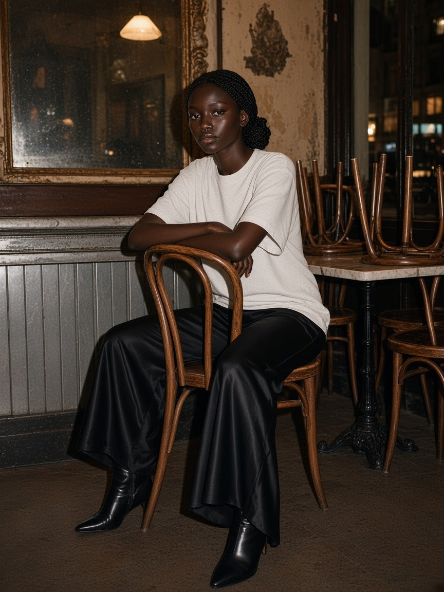 Woman in the Essential Drop Shoulder T-Shirt in Oat Gray seated on a backwards bentwood chair in a Paris cafe after closing