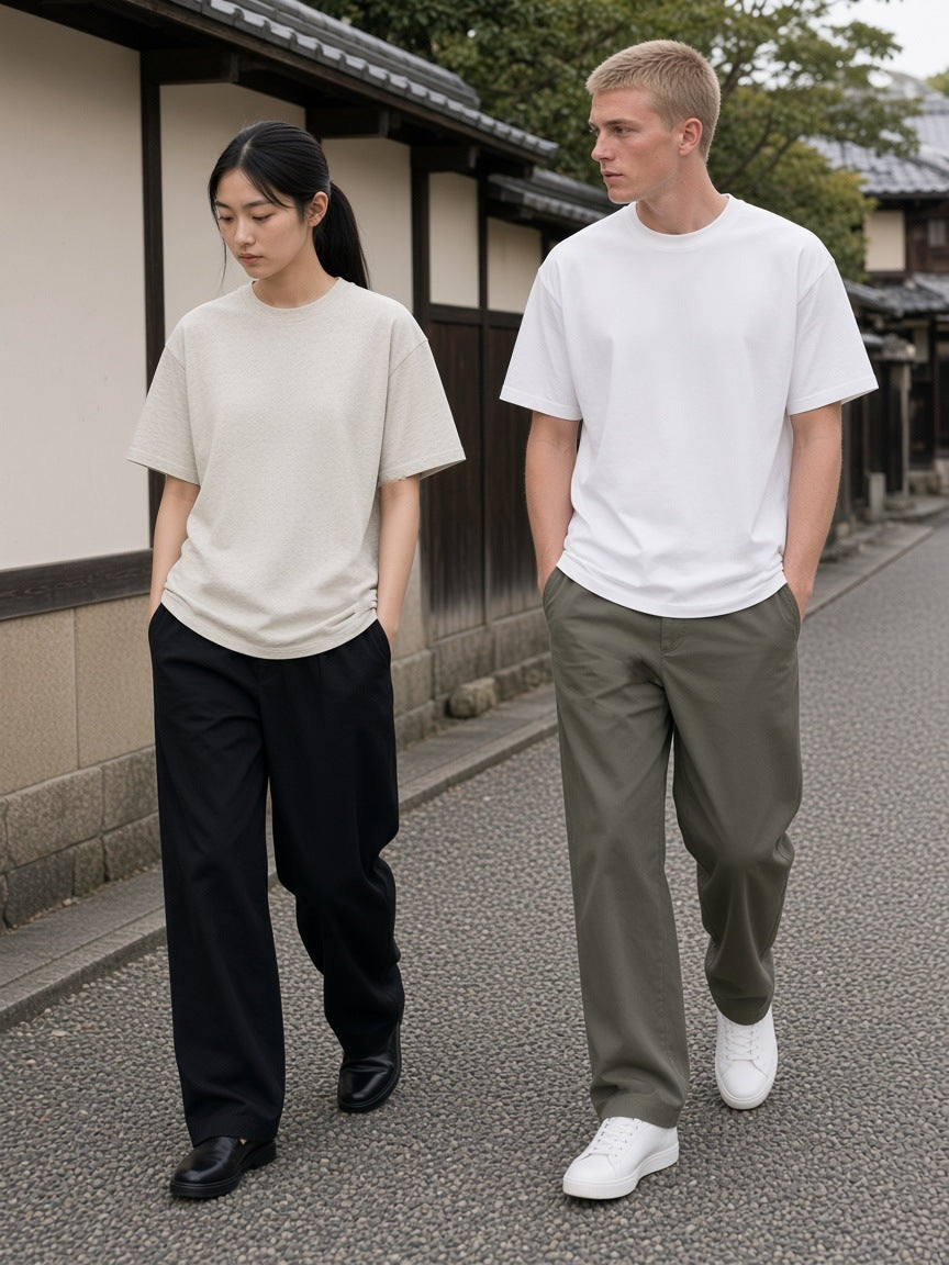 Marcel Afters Essential Cotton T-Shirt, 260 gsm, Drop Shoulder, Oat Gray and White, couple, street