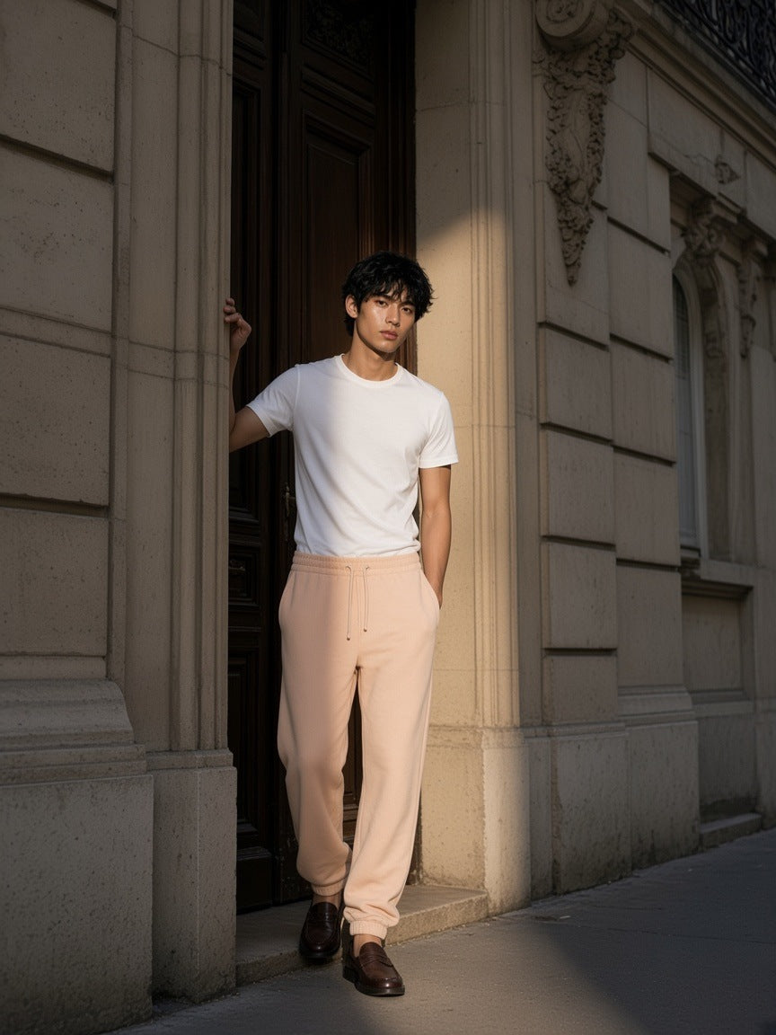 Essential Fleece Sweatpants in Apricot, à deux, worn by him