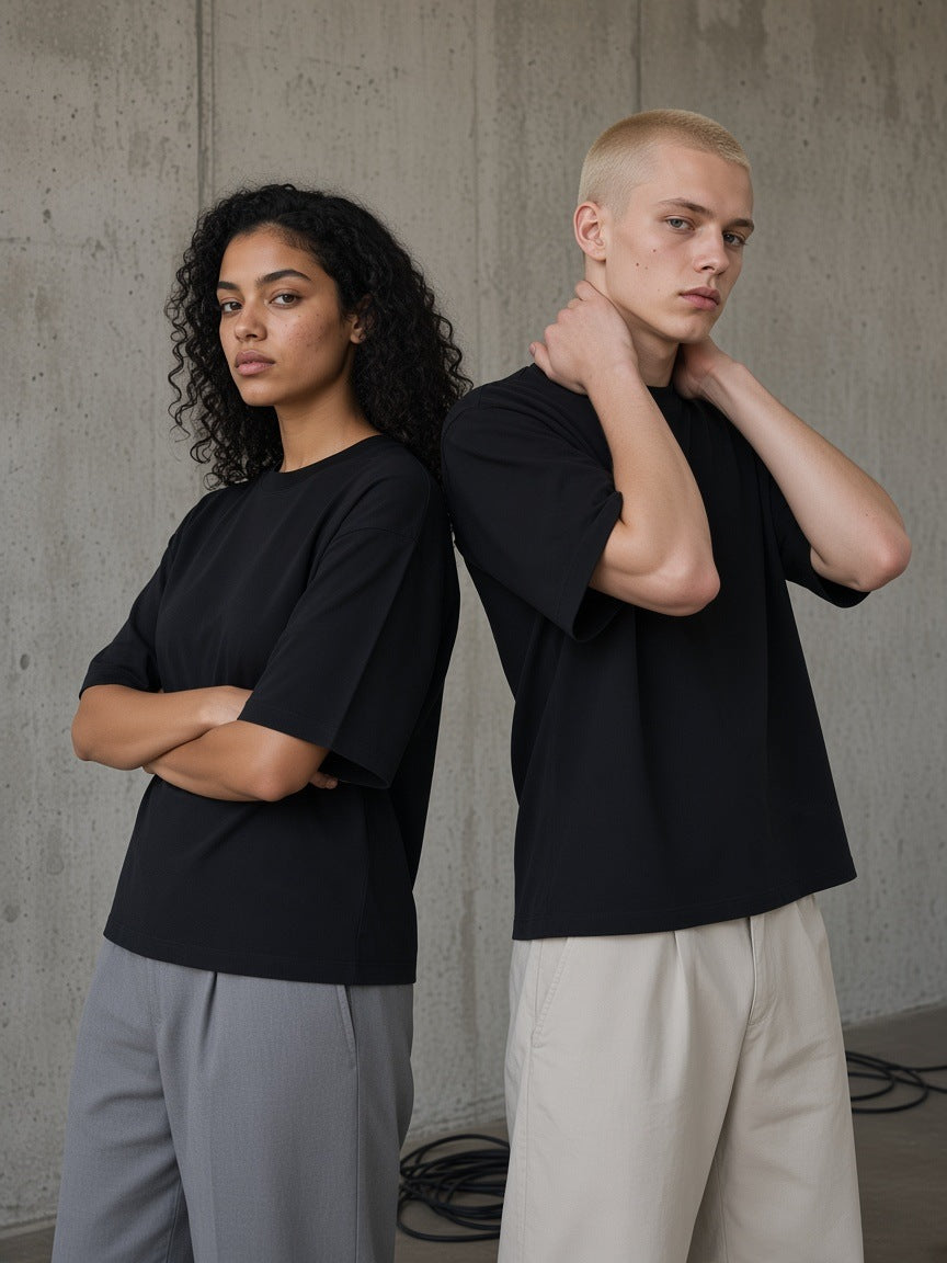 Marcel Afters Essential Half Sleeve Ribbed T-Shirt — Dark, Black, couple, studio
