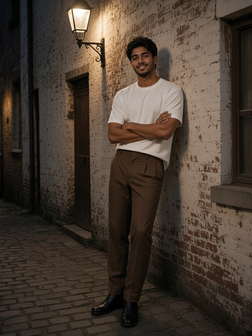 Man in the Essential Half Sleeve Ribbed T-Shirt in White in a cobbled alley in Antwerp at night