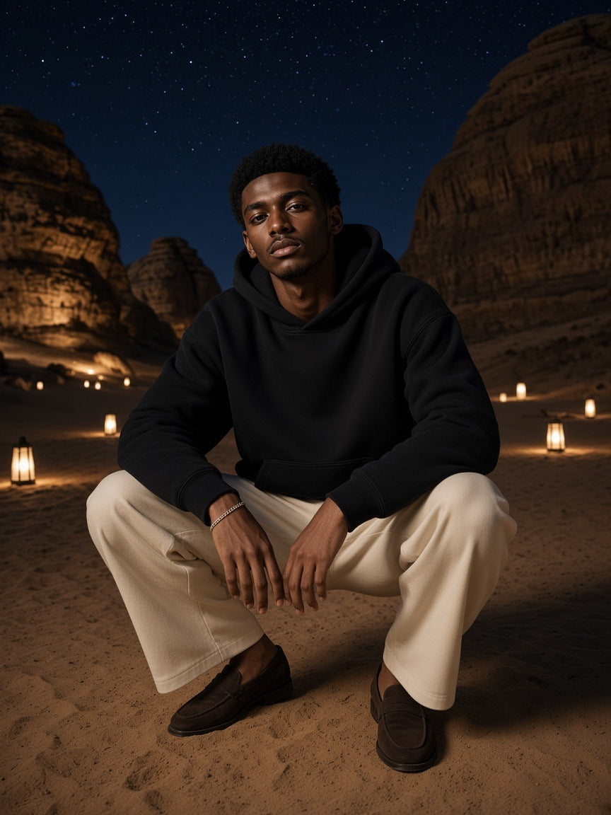 Man in the Marcel Afters Essential Heavyweight Boxy Fleece Hoodie in Black at a desert resort at night in AlUla
