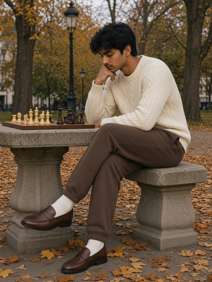 Man in the Essential Heavyweight Cotton Sweatpants in Coffee with a cream cable-knit sweater and loafers, playing chess in an autumn park