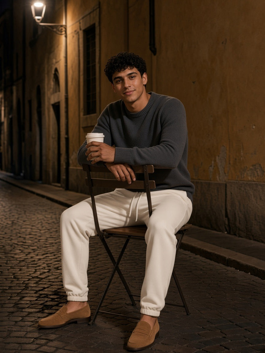 Man in apricot essential heavyweight cotton sweatpants and a charcoal sweater on a lamplit
