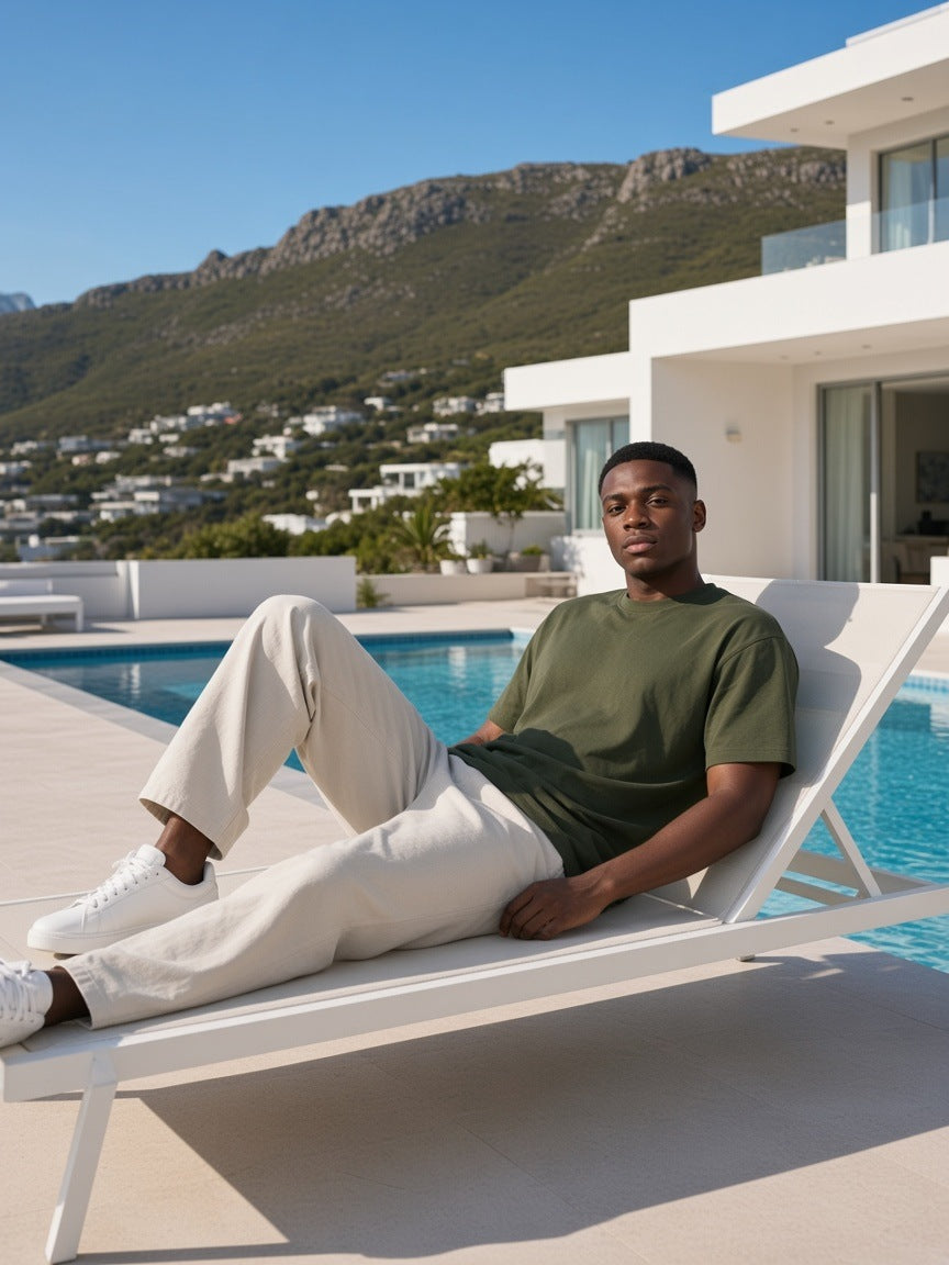 Man in the Men's Essential Heavyweight Cotton T-Shirt in Moss Green by a villa pool in Cape Town in the morning