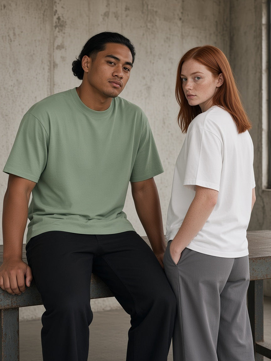 Marcel Afters Essential Heavyweight Cotton T-Shirt in White, worn by a man and a woman, standing together against raw concrete, he in sage green and she in white
