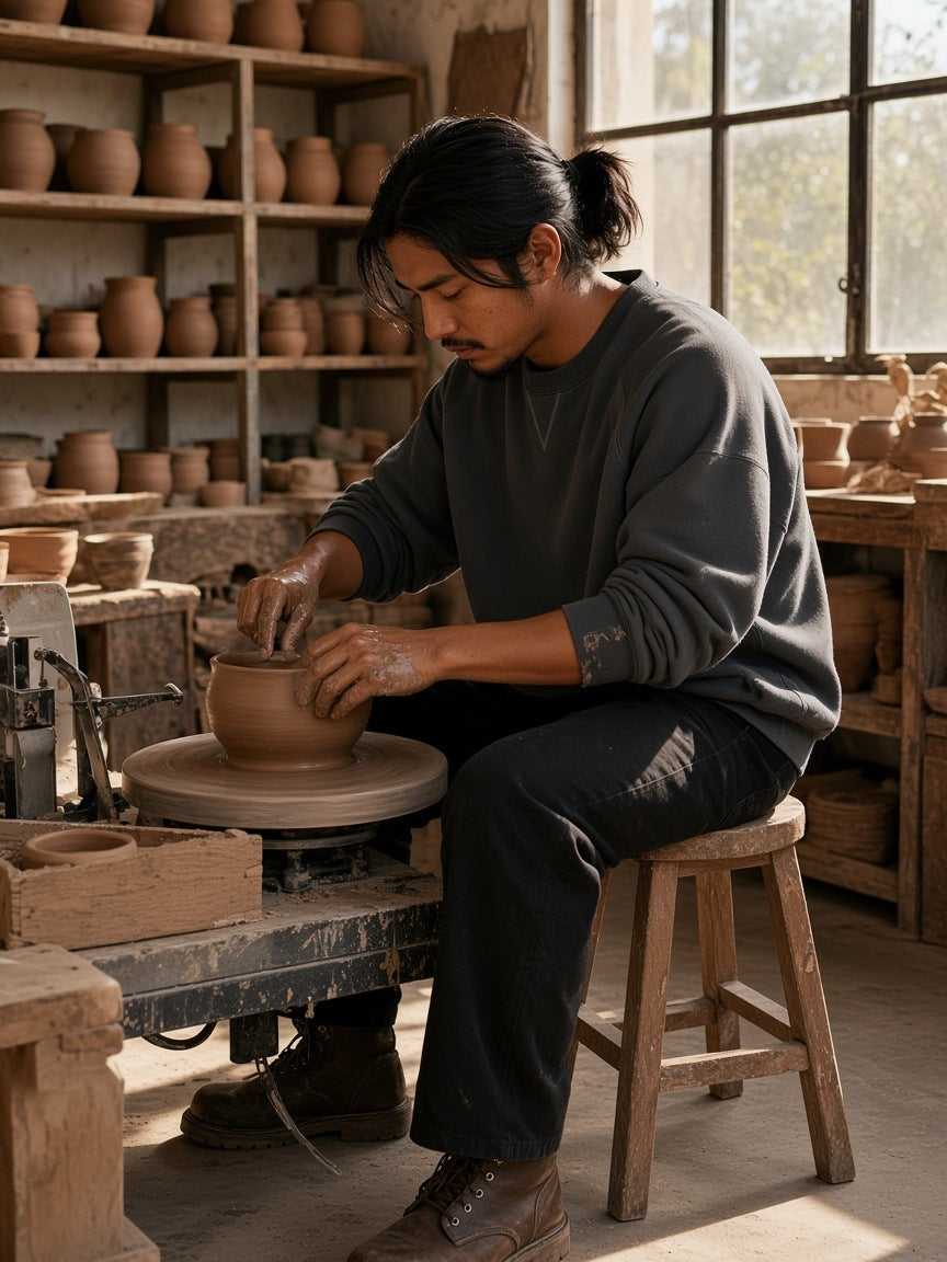 Man in the Essential Heavyweight Dolman Sleeve Boxy Sweatshirt in Dark Gray, sleeves pushed up, throwing a bowl at a potter's wheel