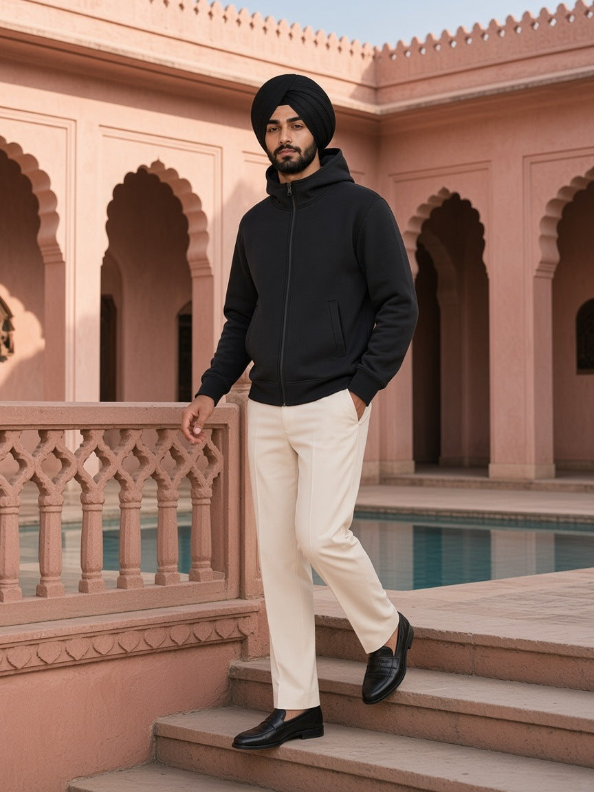 Essential Heavyweight High Neck Zip-Up Hoodie in Black, à deux, worn by him