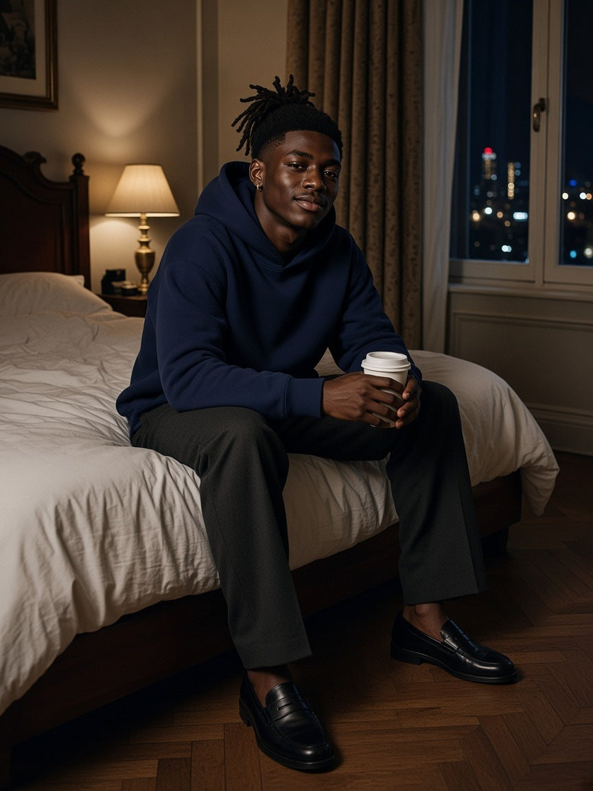 Man in the Essential Heavyweight Hoodie in Navy Blue seated on a hotel bed with a coffee late at night