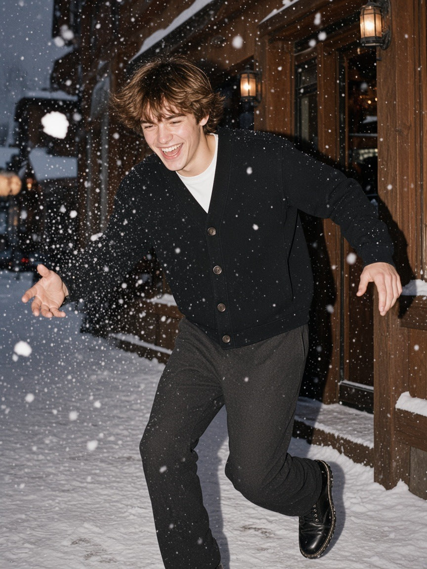 Man in the Marcel Afters Essential Heavyweight Sweat Cardigan in Black in a mountain hotel suite at night in Aspen