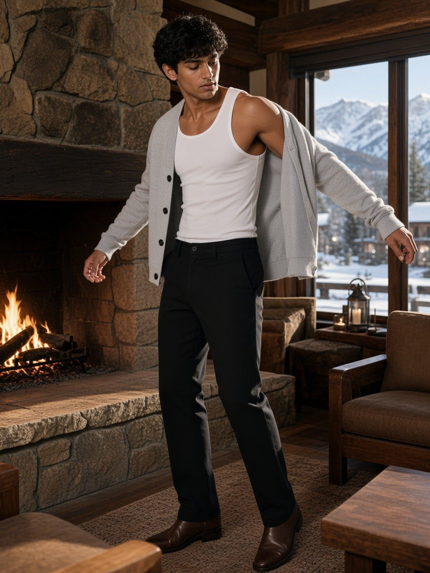 Man in the Essential Heavyweight Sweat Cardigan in Flower Gray standing by the hearth of a ski lodge in Aspen by day