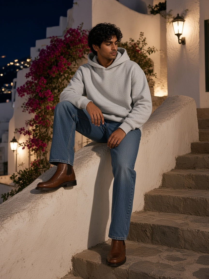 Man in the Essential Oversized Boxy Fit Fleece Hoodie in Flower Gray with indigo jeans and brown boots, seated on a Positano stairway at night