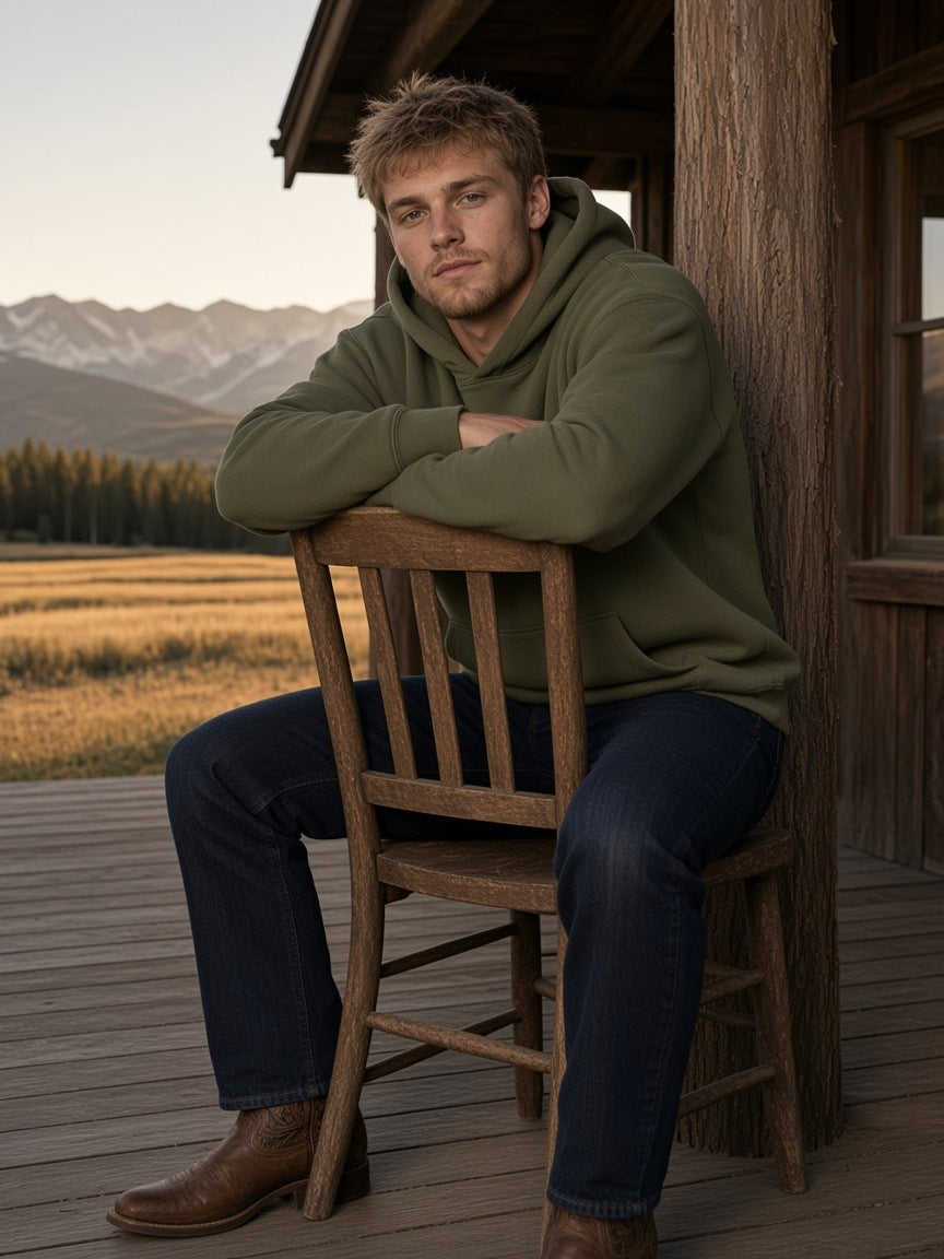 Man in the Essential Oversized Hoodie in Army Green leaning on the porch of a ranch lodge in Montana by day