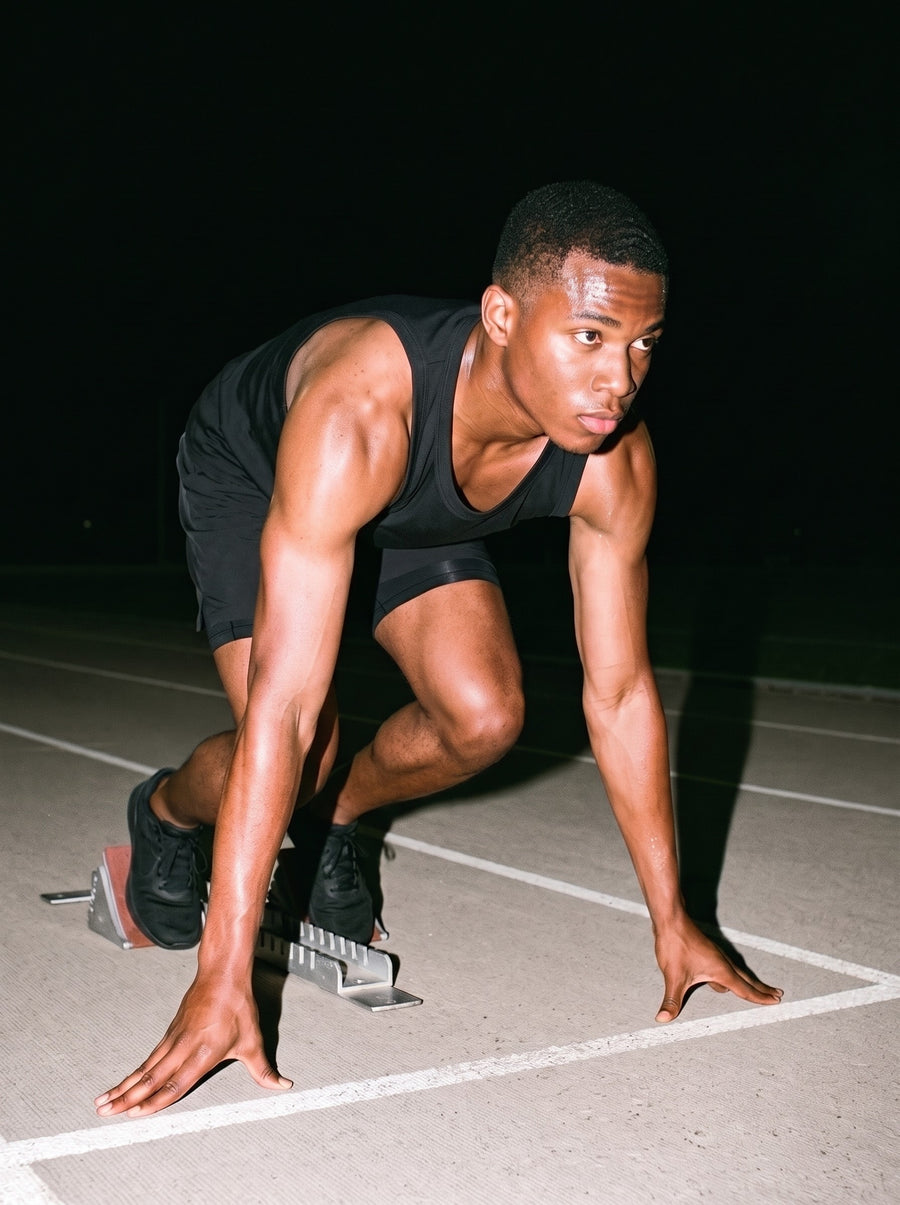Man in the Essential Performance Tank Top in Black, in the starting blocks on a running track at night