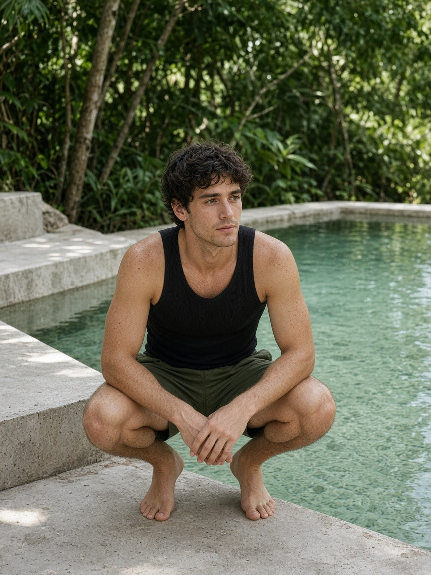 Man in the Essential Performance Tank Top in Black by a resort pool in Tulum by day